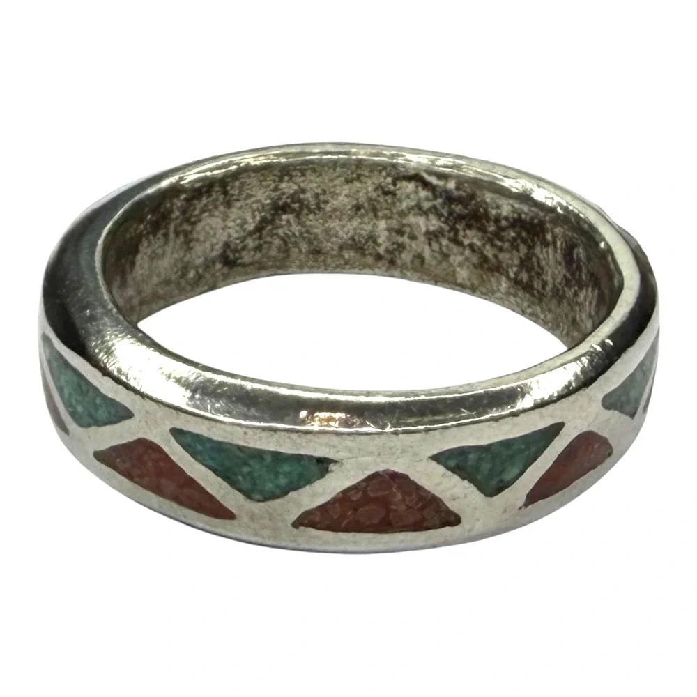 Vintage Band Ring Nickel Silver Size 14 Turquoise Coral Chip Inlay